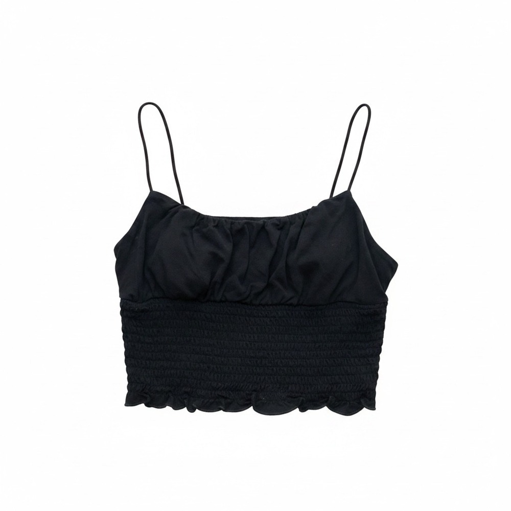 Beceel Womens Black Smocked Crop Top Spaghetti Strap Ruffle Hem Size L